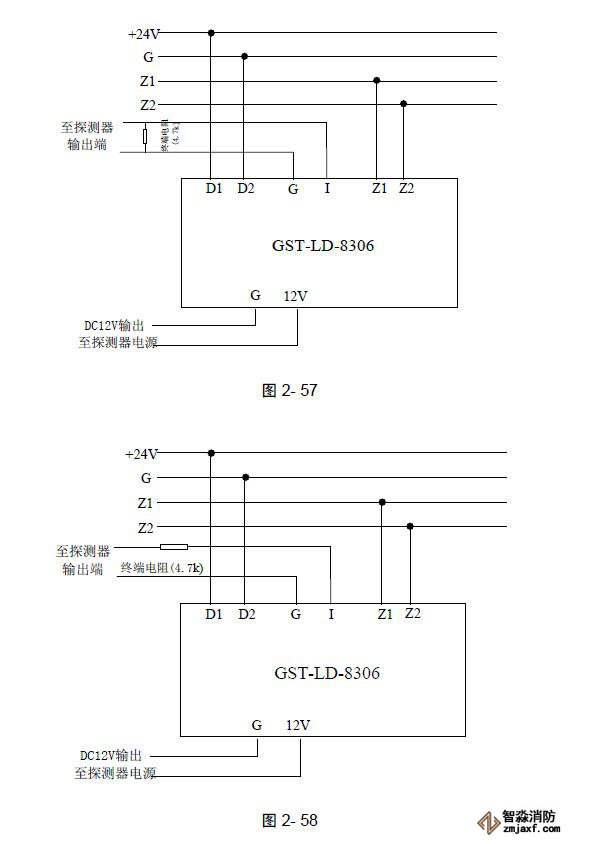 GST-LD-8306輸入模塊與常閉無源觸點(diǎn)的防盜探測器接線示意圖